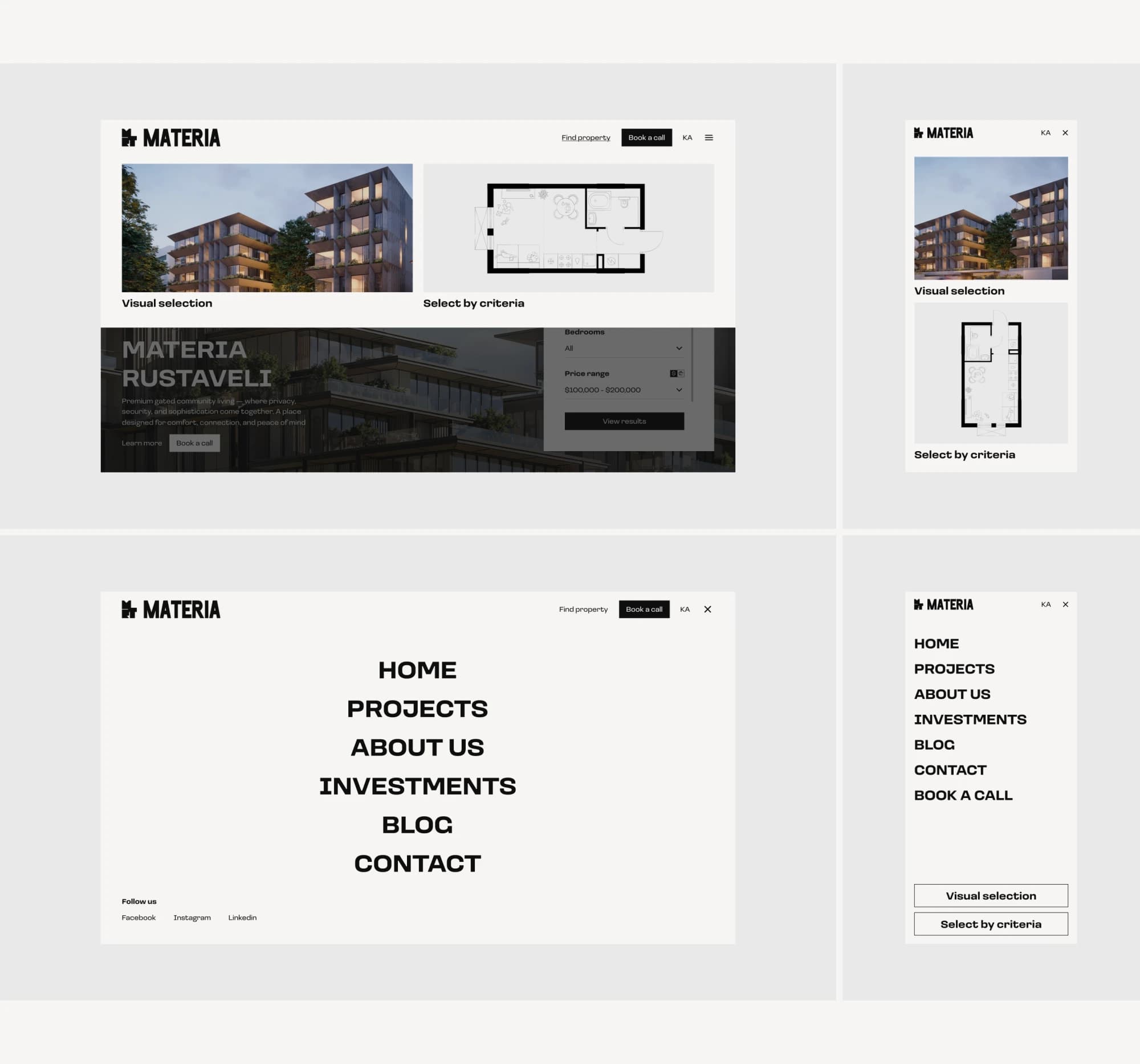 Visual selection and Select by criteria entry points, plus the full-screen navigation menu, on desktop and mobile