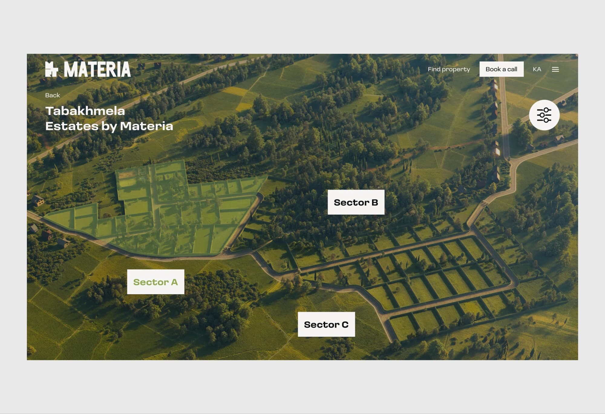 Tabakhmela Estates aerial site plan with Sector A, B and C selectable on the render