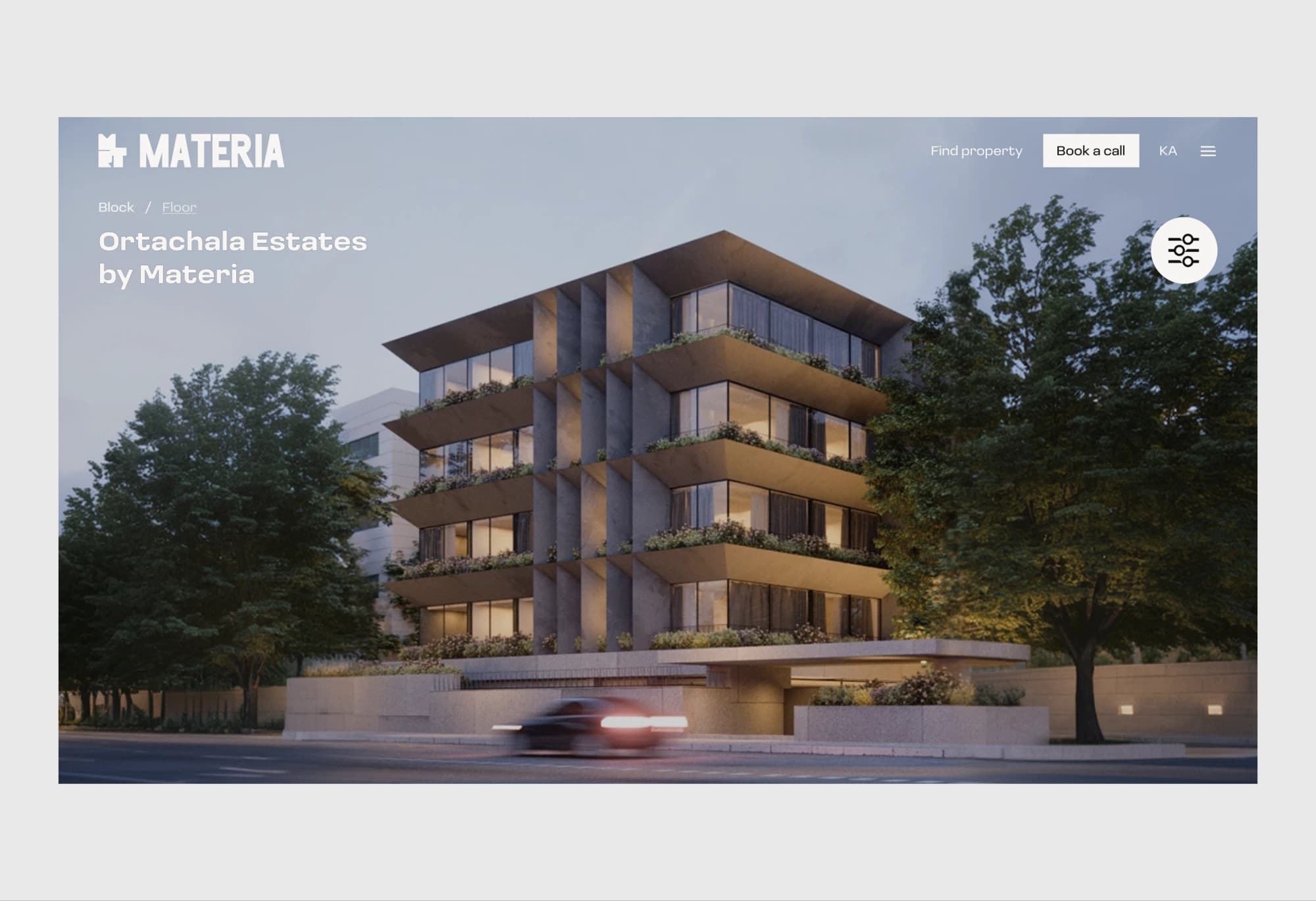 Ortachala Estates by Materia project page with a full-bleed architectural render